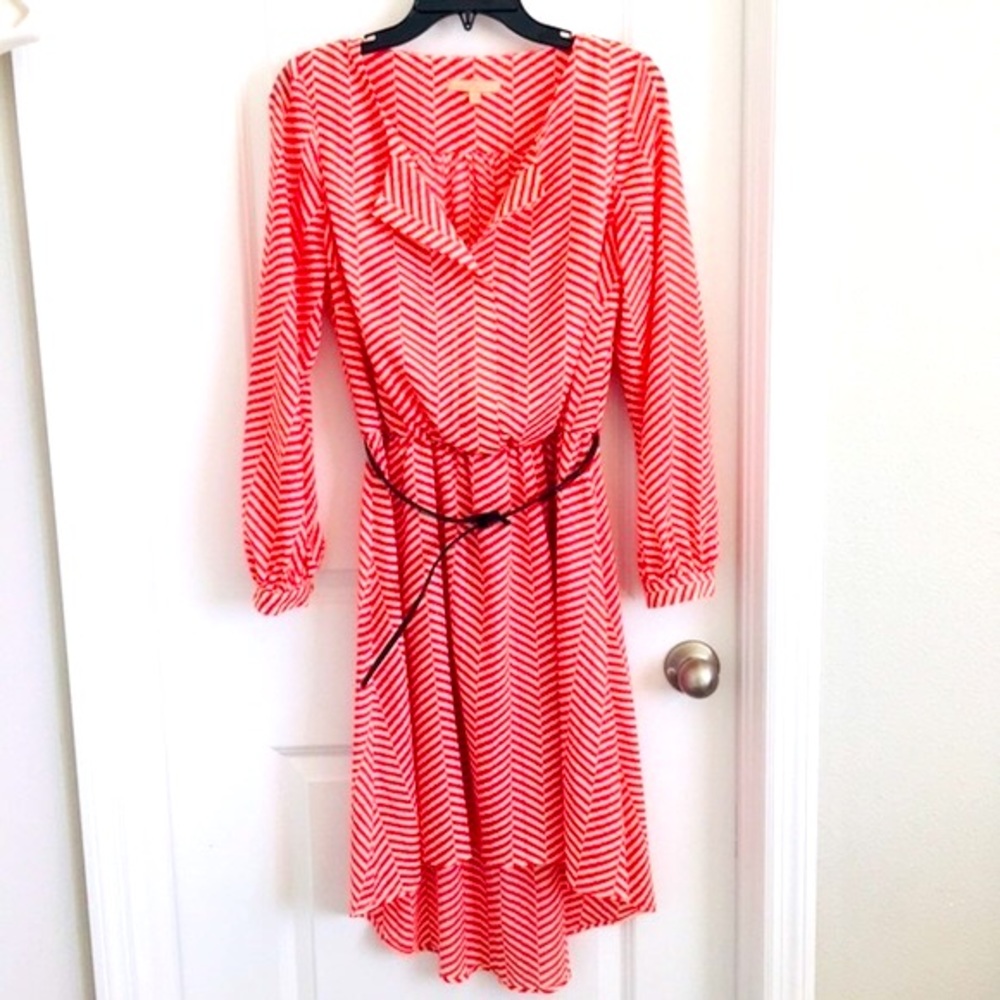GIBSON LARIMER Long sleeve orange beige chevron print high low dress size small